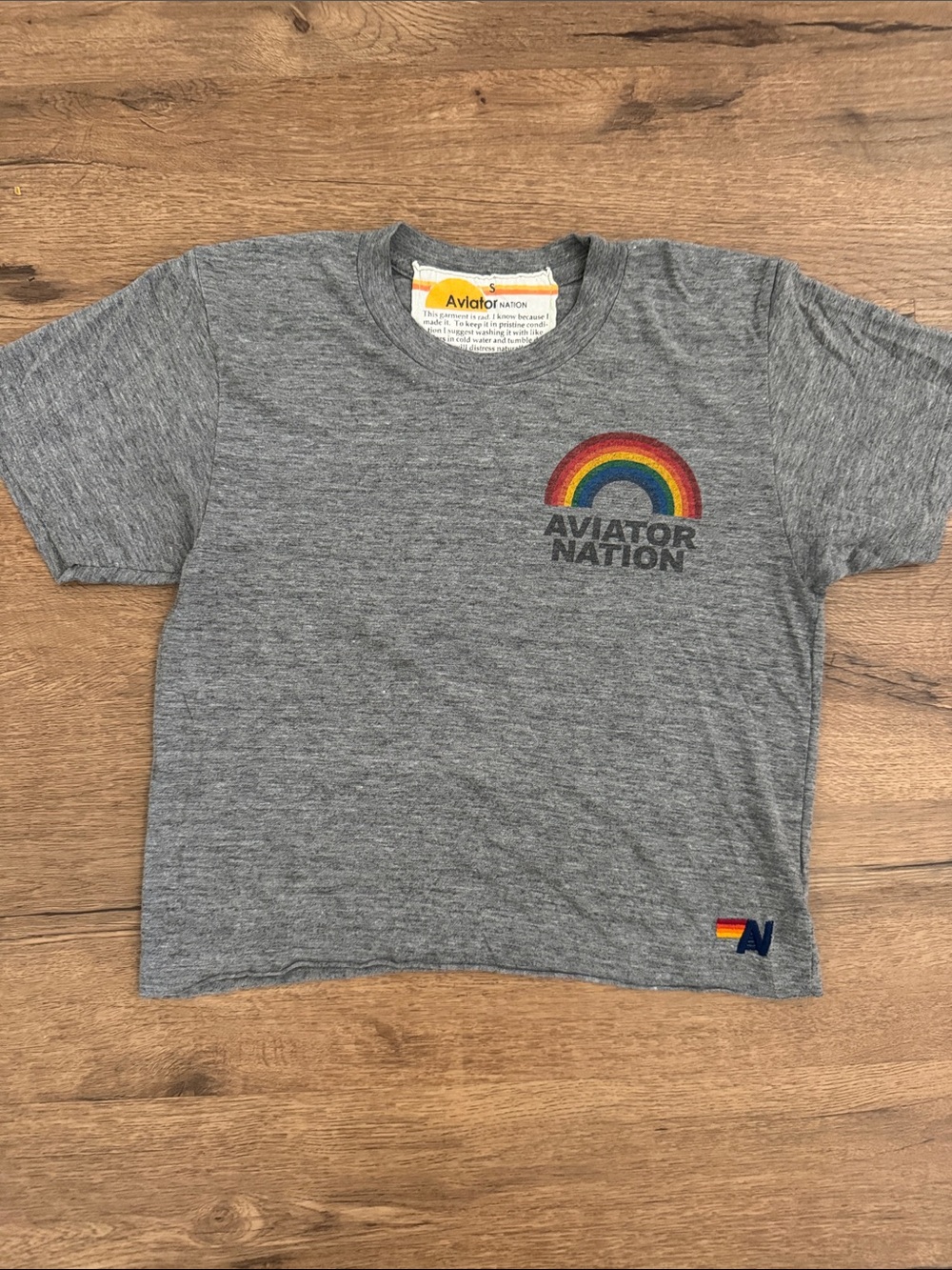 Aviator Nation Gray Short Sleeve Tee with Rainbow Chest Graphic
